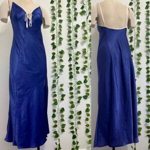 Victoria’s Secret Blue Satin Maxi Slip Dress | Lace Trim Nightgown Chemise | Siz